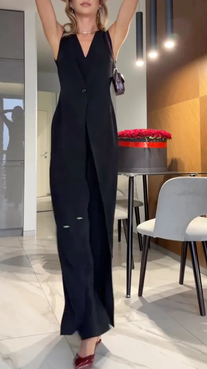 Sleeveless Lapel Blazer Overlay Wide‐Leg Jumpsuit