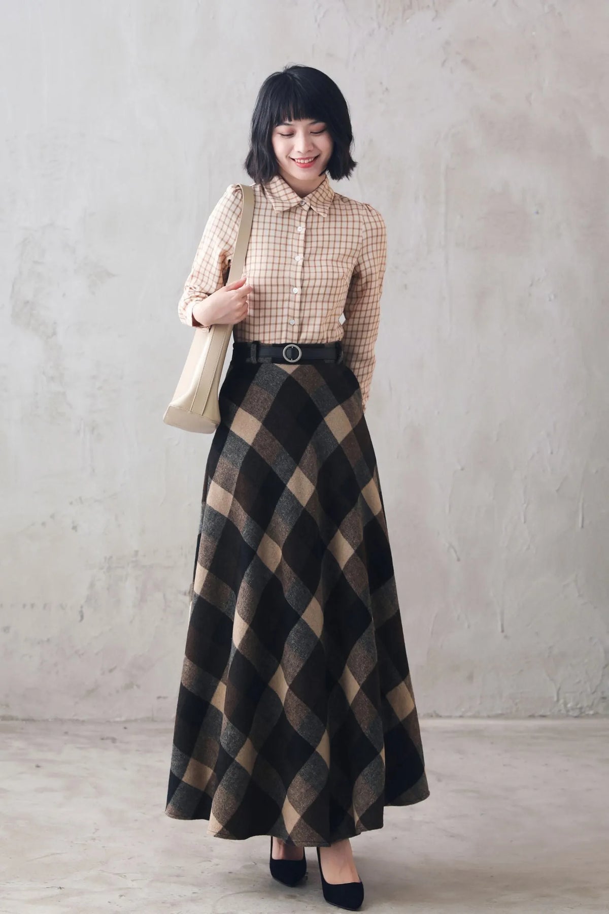 Plaid Wool Maxi Skirt – High Waist Vintage Winter Skirt Handmade 3108