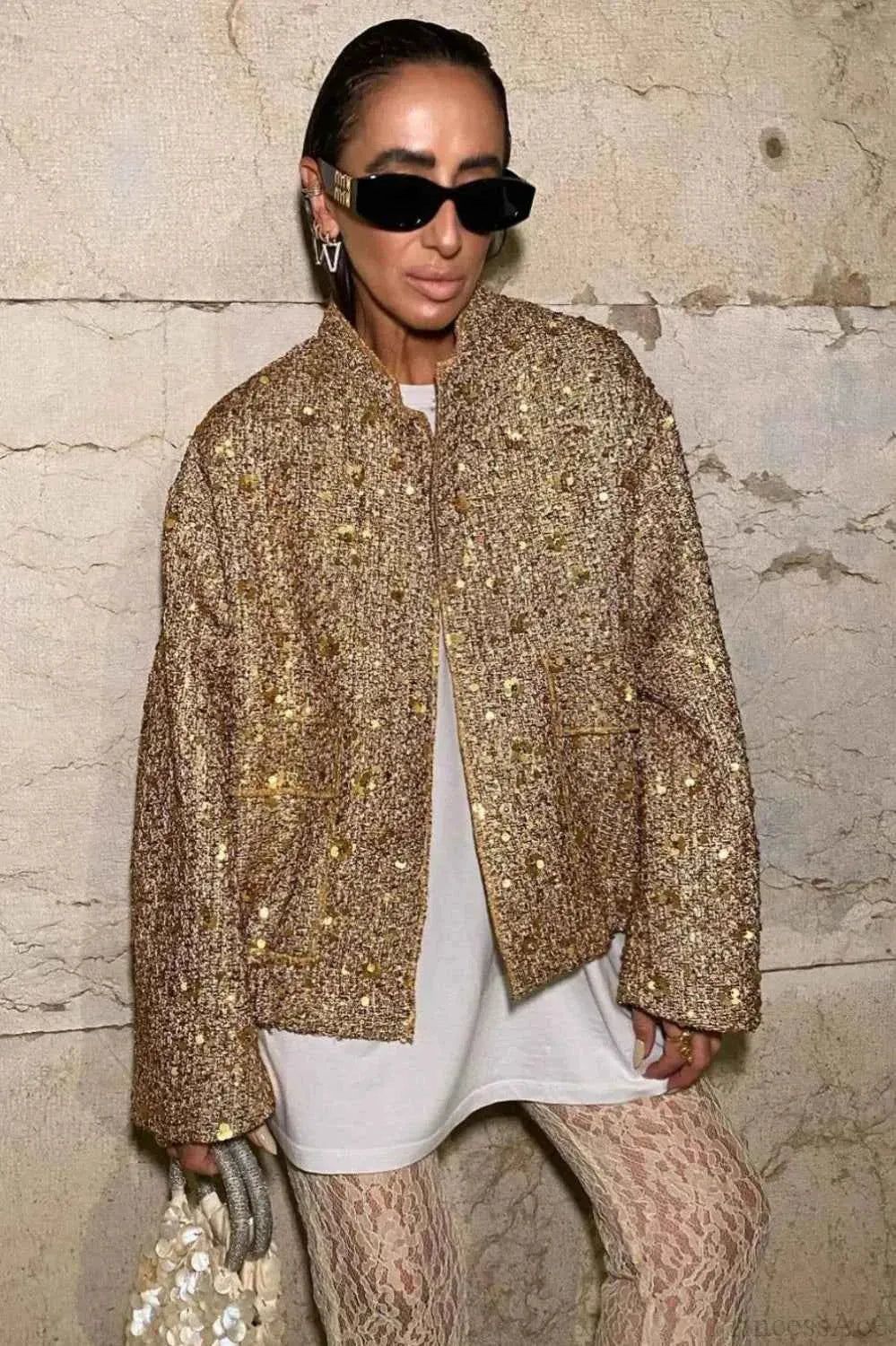 Sequin Coat with Stand Collar and Flap Pockets