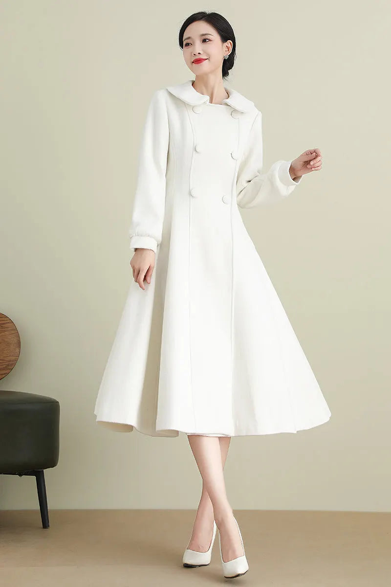 Handmade White Wool Coat – Long A-Line Swing Winter & Wedding Overcoat for Women 