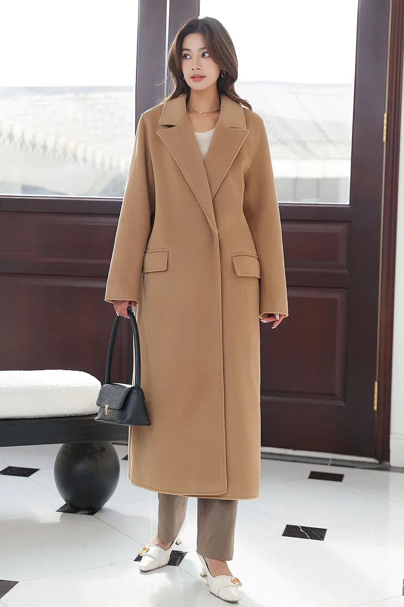 Camel Wool Coat Maxi - Long Belted Elegant Winter Overcoat 4017