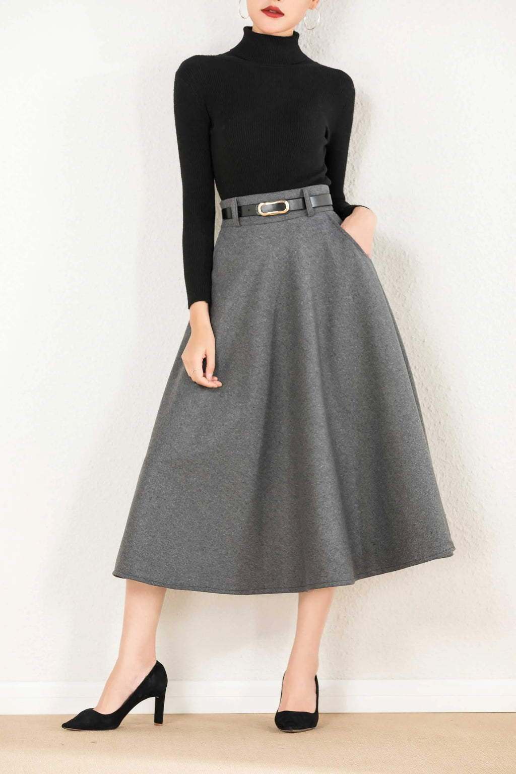 Gray Wool A-Line Maxi Skirt - Elegant Flowy Silhouette 2428
