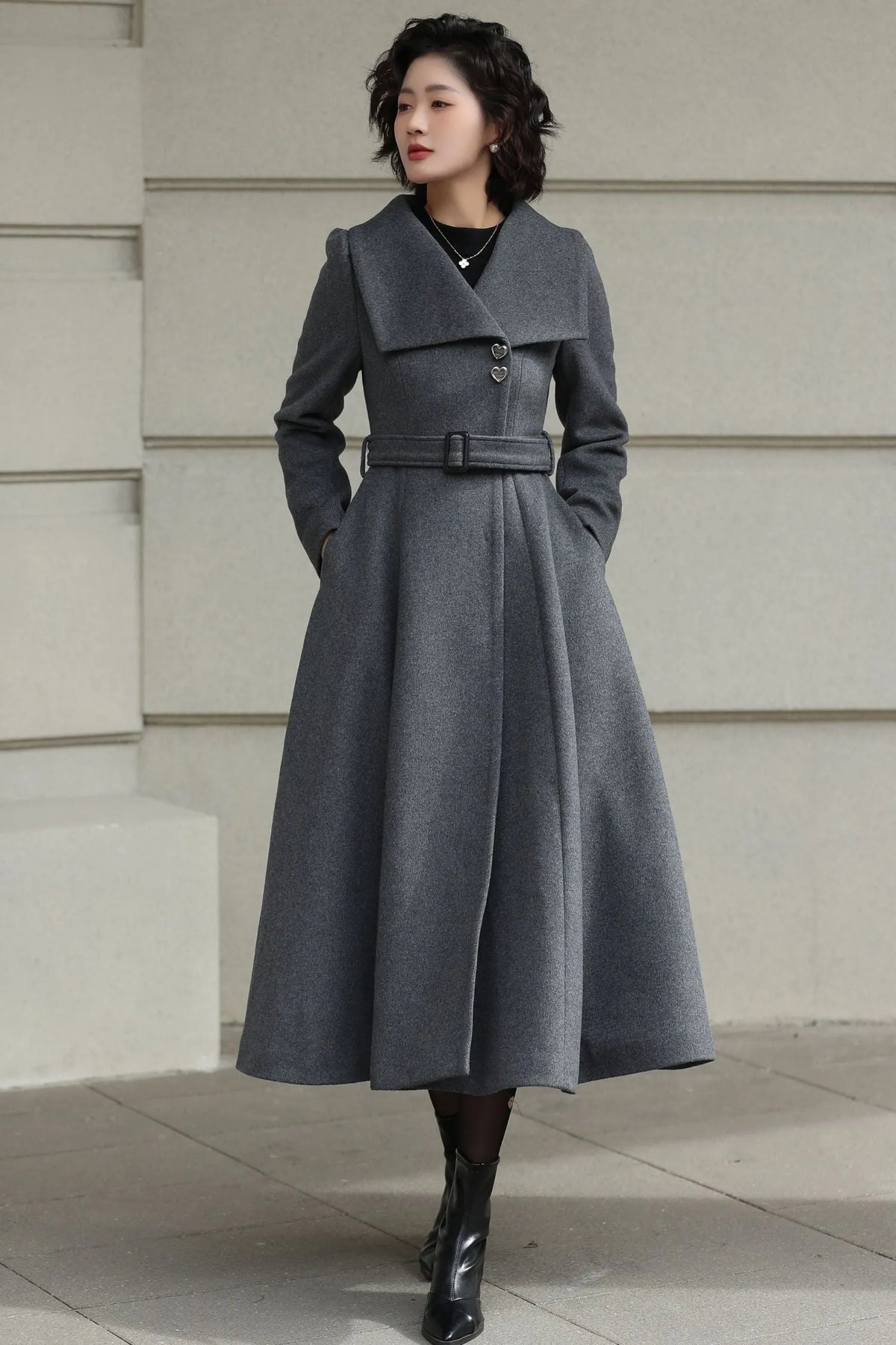 Handmade Vintage Wool Coat – Gray Fit and Flare Belted Midi Winter Coat 6617