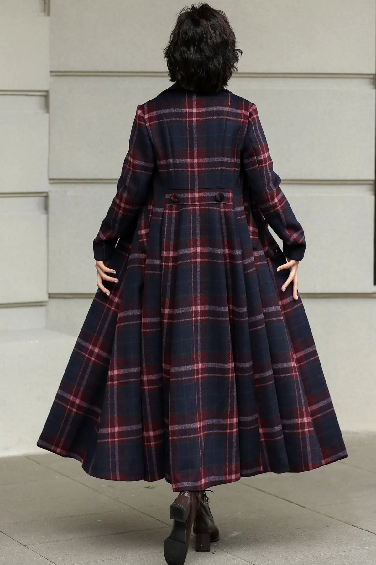 Plaid Wool Swing Coat – Vintage 1950s Double Breasted Long Overcoat 6536