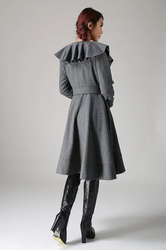Wool Blend Ruffled Coat – Vintage Belted Lantern Sleeve Winter Jacket 1075