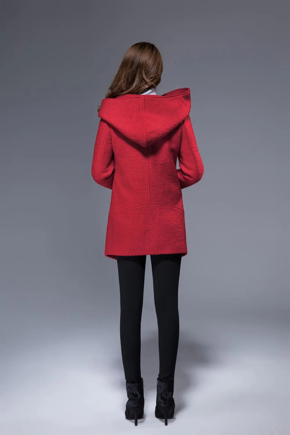 Red Wool Biker Jacket - Short Coat with Oversized Cowl Neck and Hood 1829