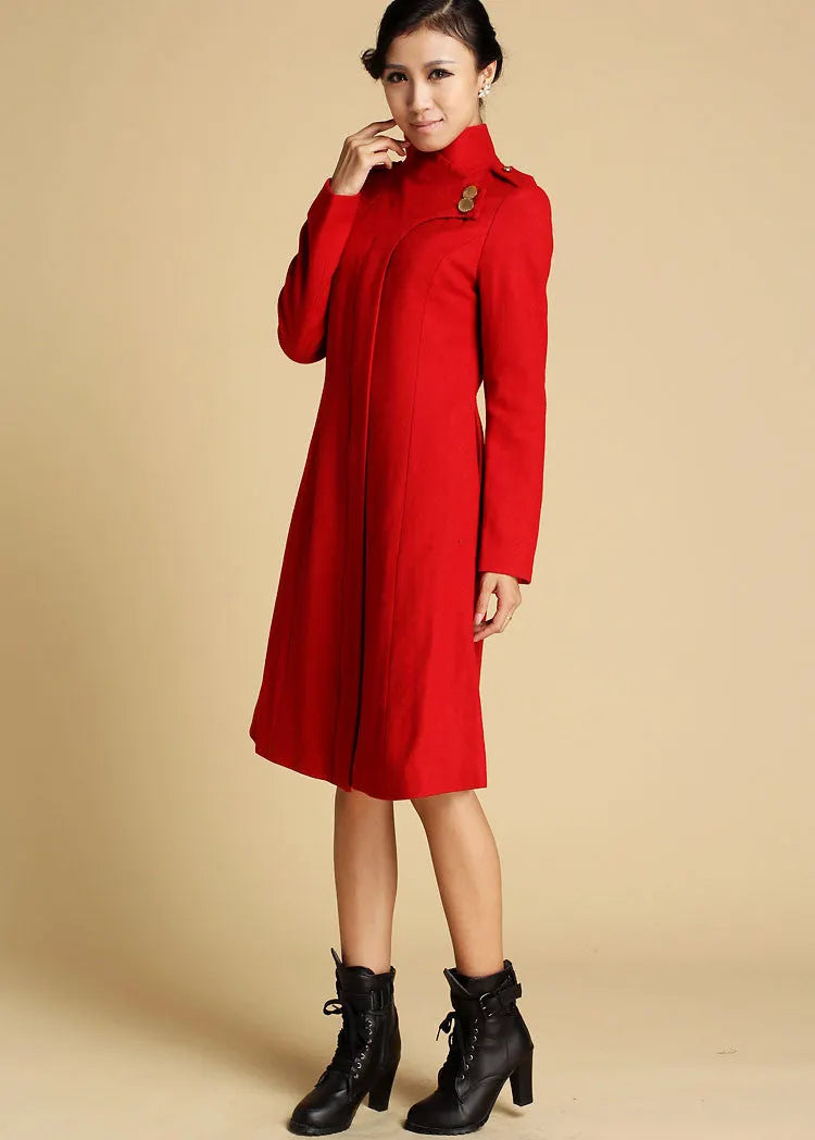 Vintage Wool Coat for Women – Handmade Red Military Style Midi Winter Coat with Sculpted Collar 