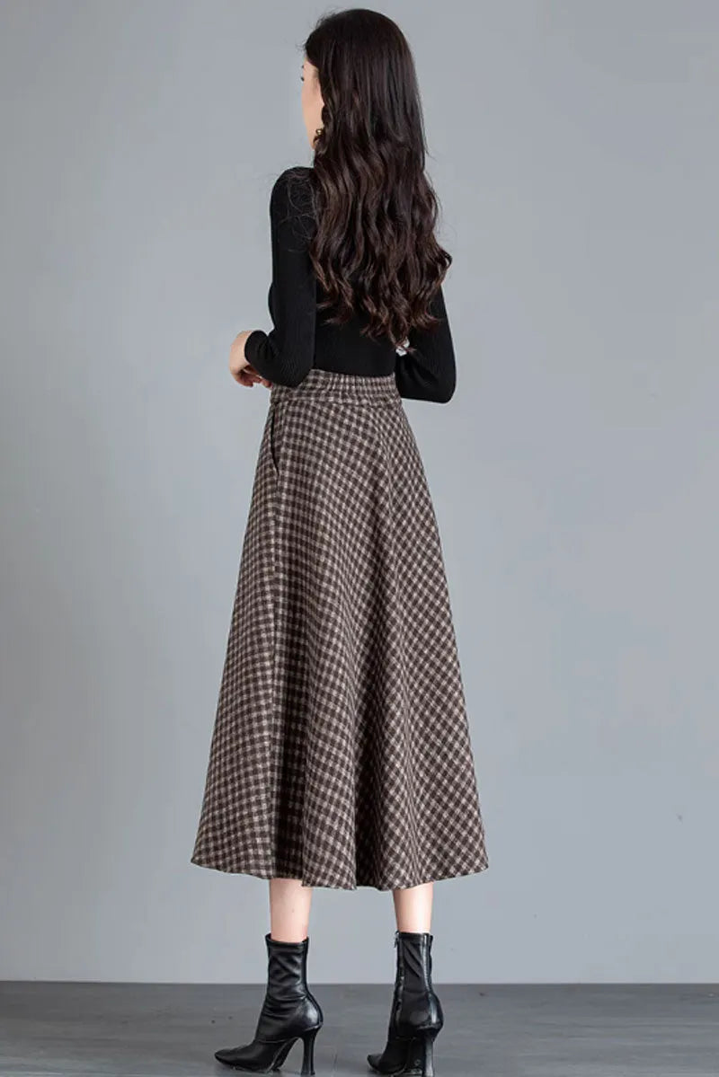 Brown Wool Midi Skirt - Vintage A-Line with Pockets 4644-1