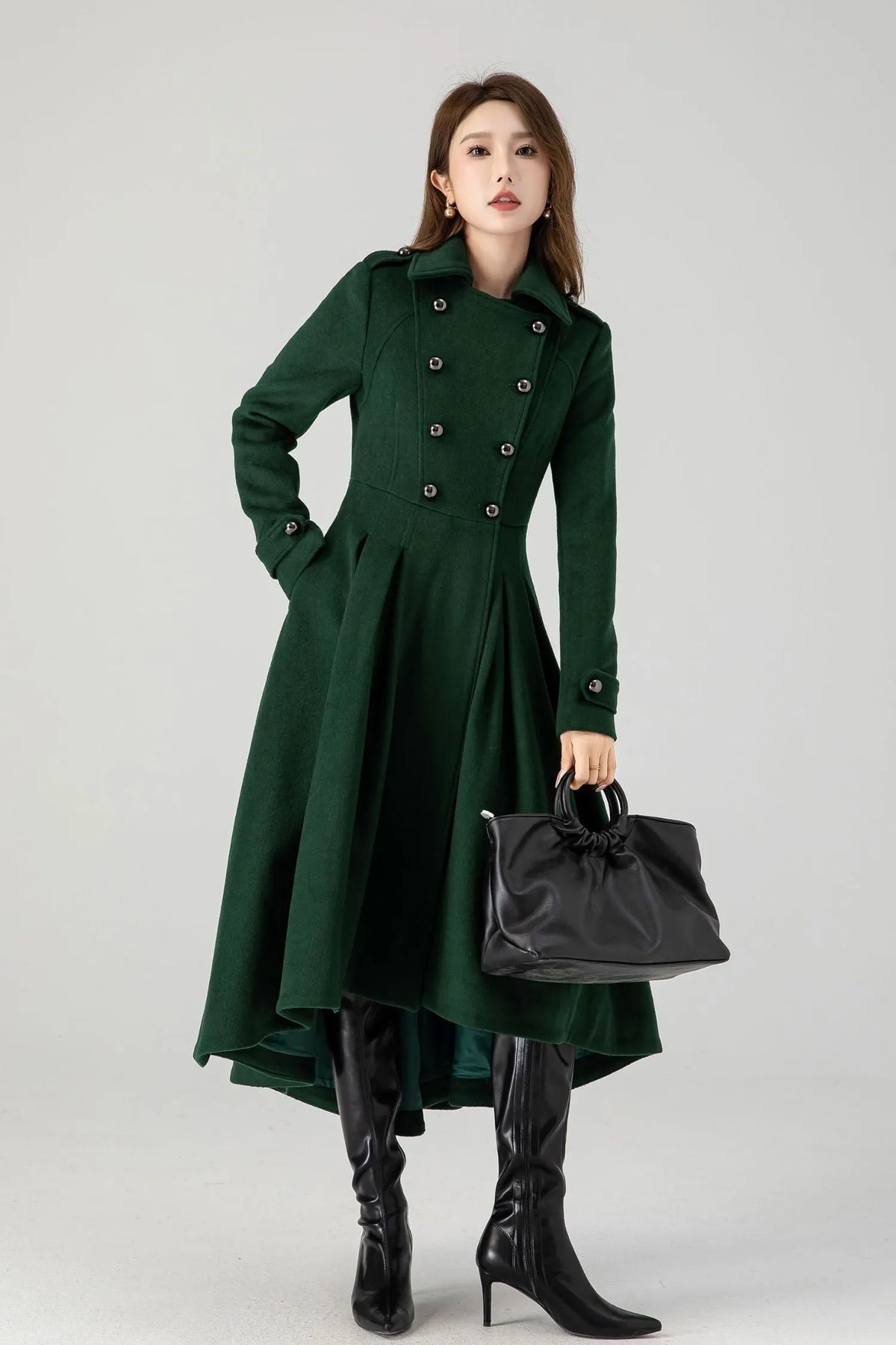 Green Wool Long Coat - Vintage Inspired A-Line Swing 4604