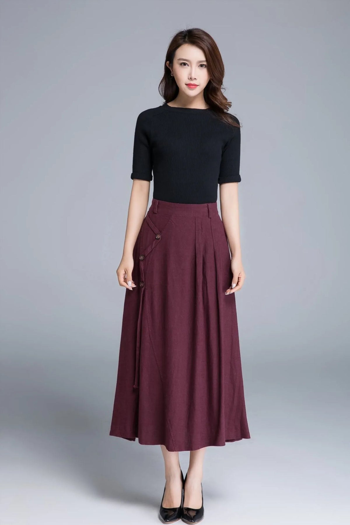 Burgundy Linen Maxi Skirt - High-Waist A-Line Pockets 