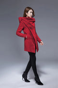Red Wool Biker Jacket - Short Coat with Oversized Cowl Neck and Hood 1829