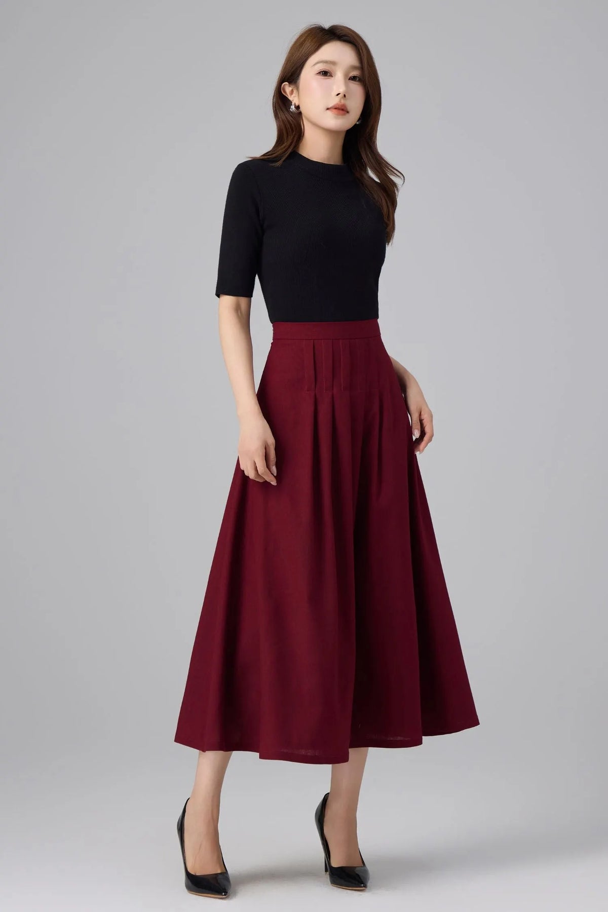 Burgundy Linen Midi Skirt - High Waist Pleated A-Line 