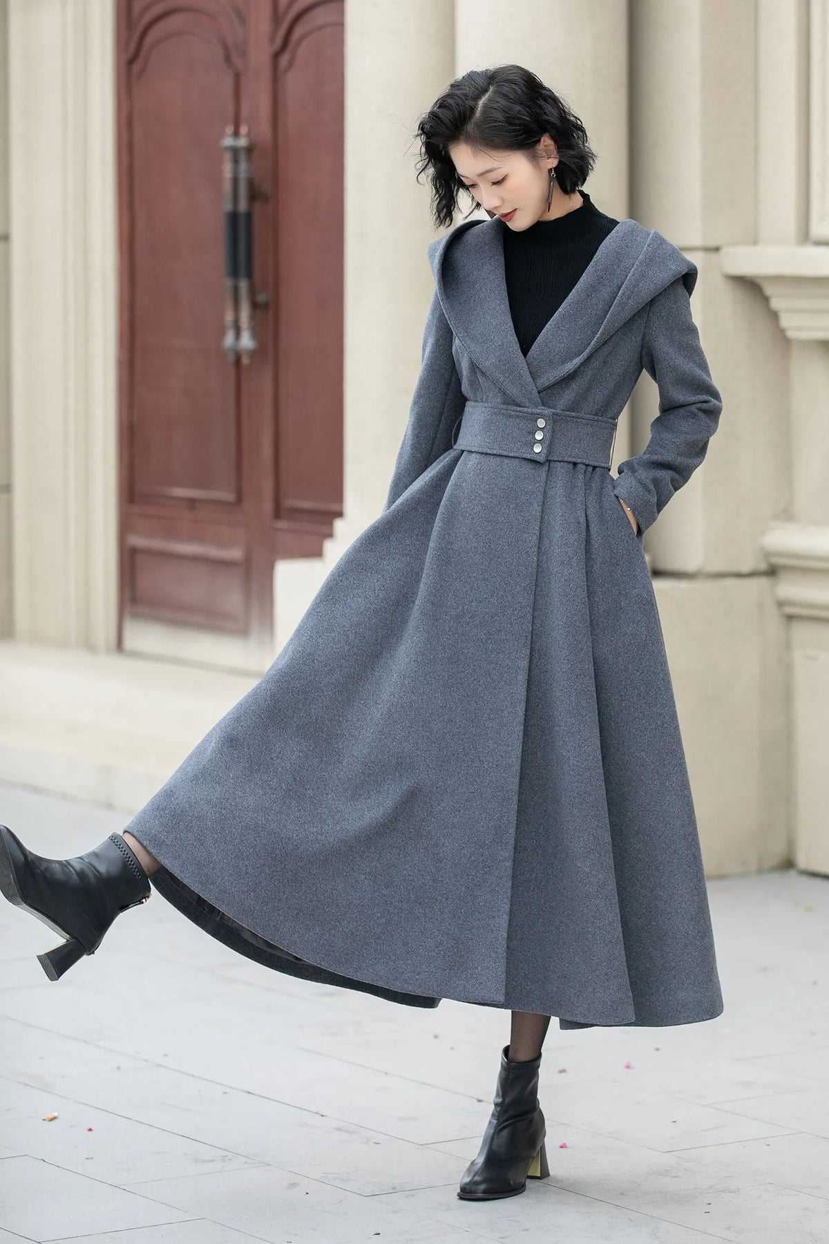 Gray Wool Hooded Long Coat - Oversize with Self Belt Waist 5344