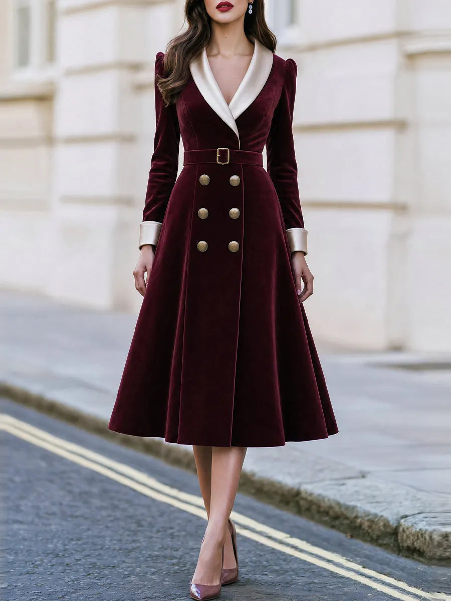 Satin‐Lapel Belted Double‐Breasted Velvet Midi Fit‐and‐Flare Dress