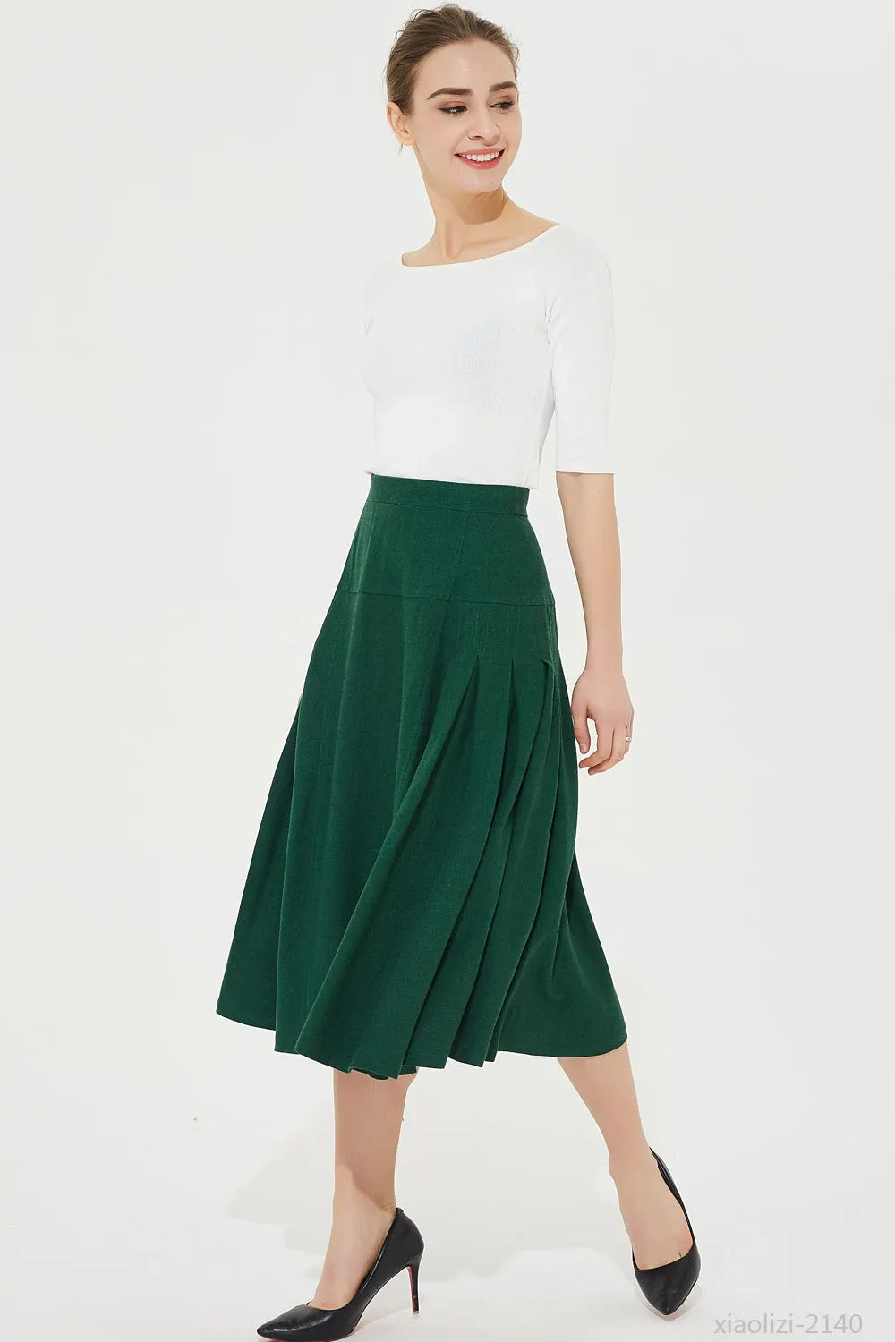 Midi Linen Skirt in Forest Green - High-Waisted Pleated A-Line 2140