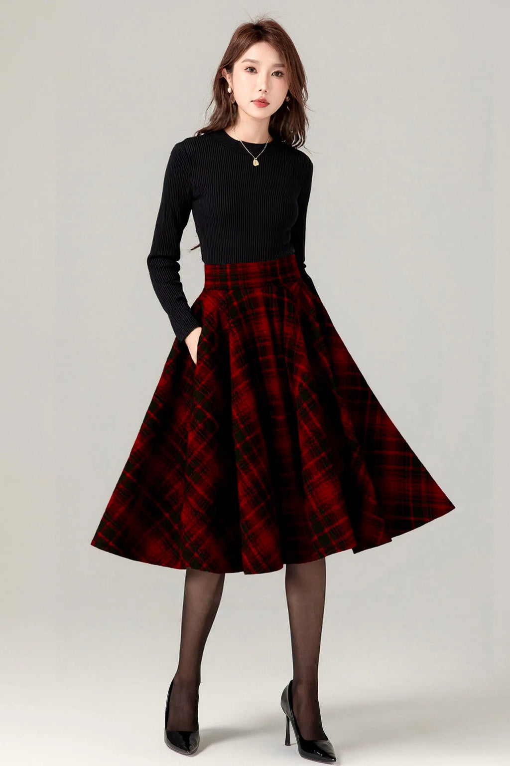 Vintage Plaid Wool Skirt – Handmade Winter Circle Skirt with Pockets 