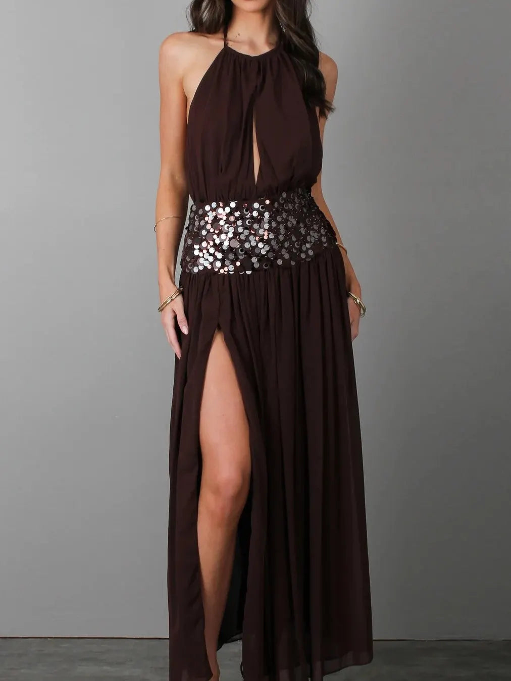 Black Sequin Belted High Slit Maxi Dress