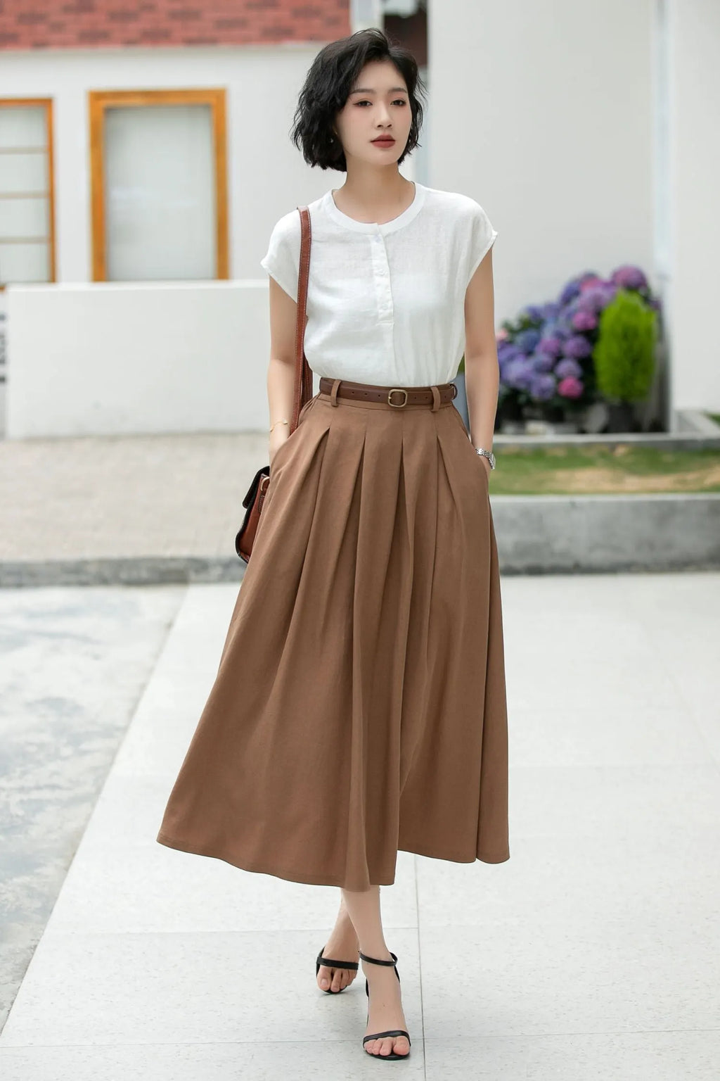 Coffee Linen Midi Skirt - Pleated A-Line with Belt Loops 5982