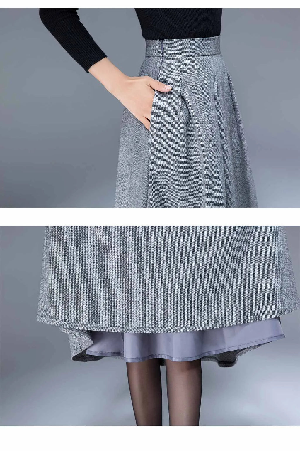 Gray Pleated Wool Midi Skirt – Handmade High Waist Winter Classic 