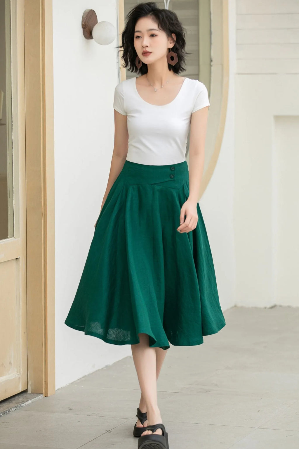 Dark Green Linen Midi Skirt - High-Waisted A-Line Flare 5834