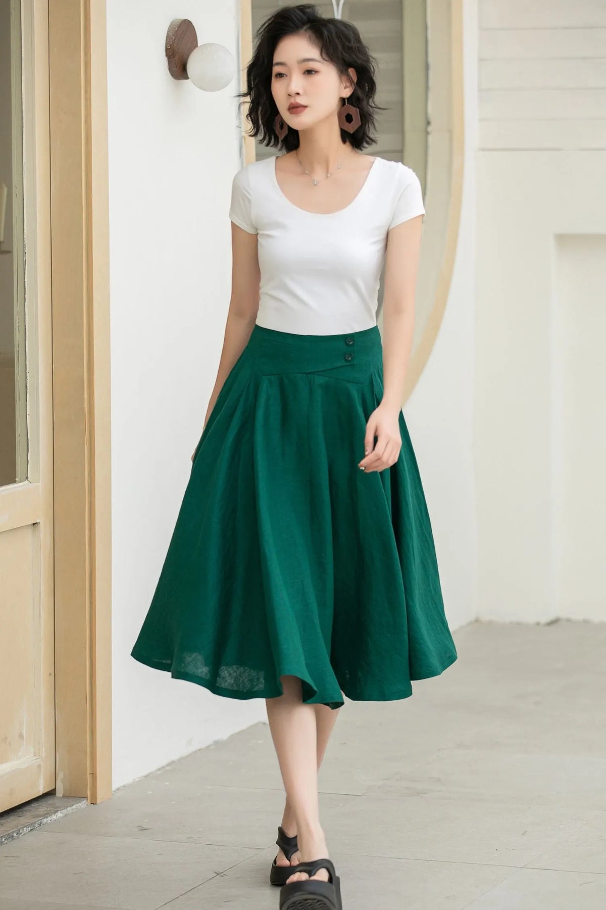 Dark Green Linen Midi Skirt - High-Waisted A-Line Flare 5834