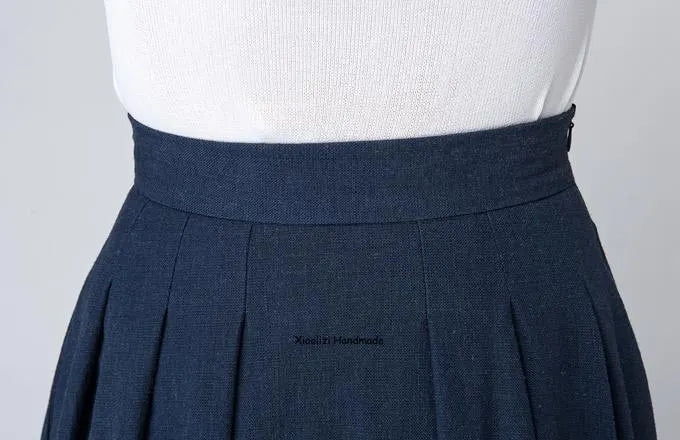 Elegant Navy Linen Midi Skirt – High-Waisted A-Line with Side Zipper 