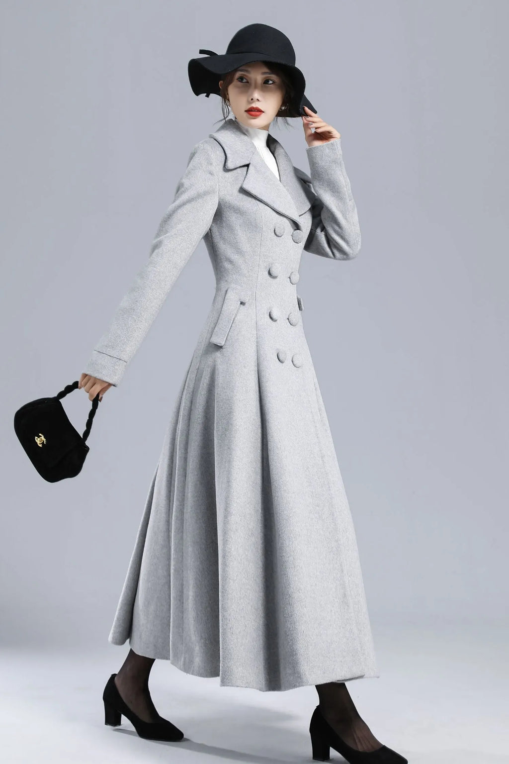 Light Gray Wool Coat – Elegant Double-Breasted Fit and Flare Winter Overcoat 3236