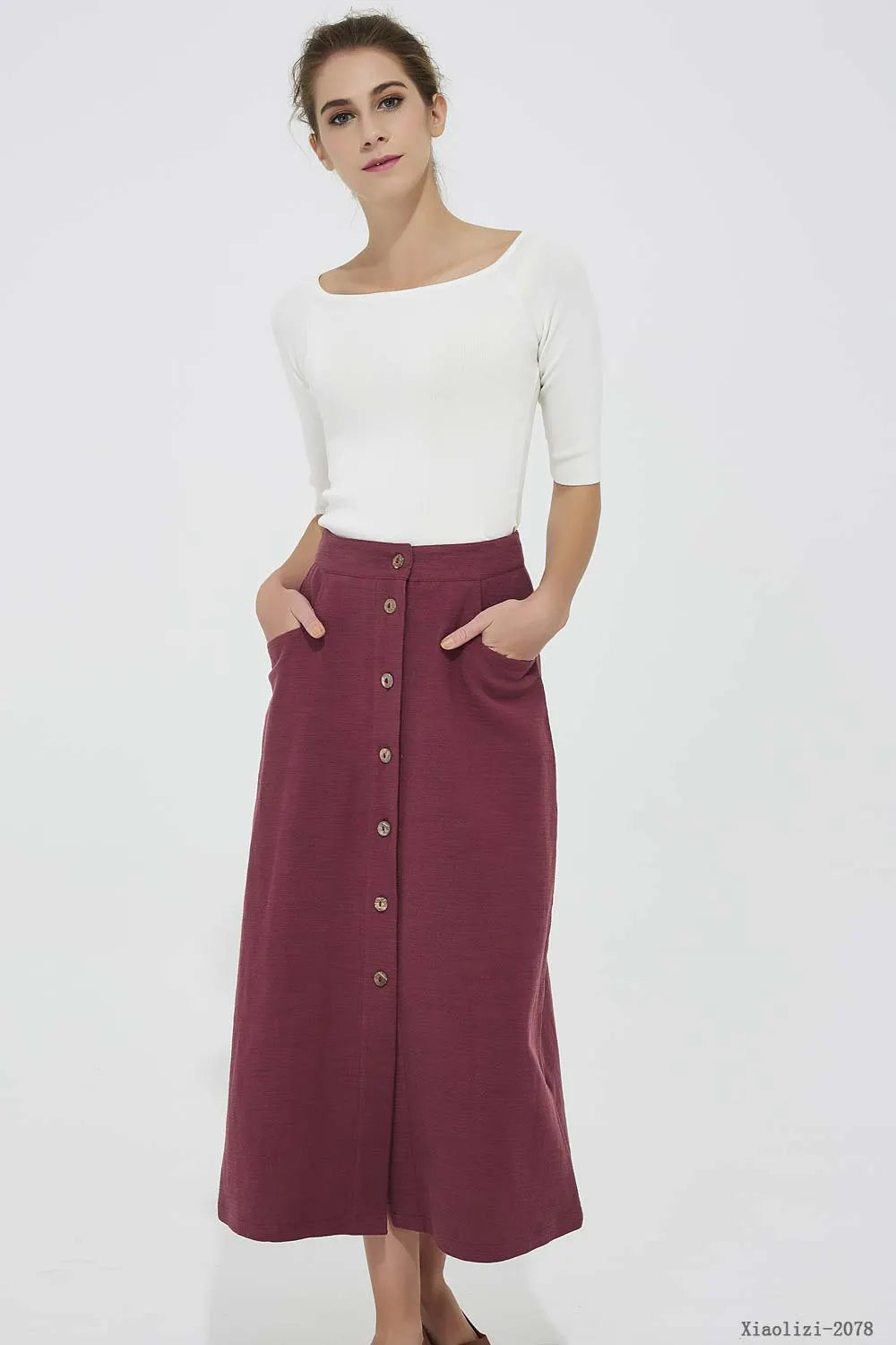 Wine Red Linen Midi Skirt - Button Front Fitted Waist 