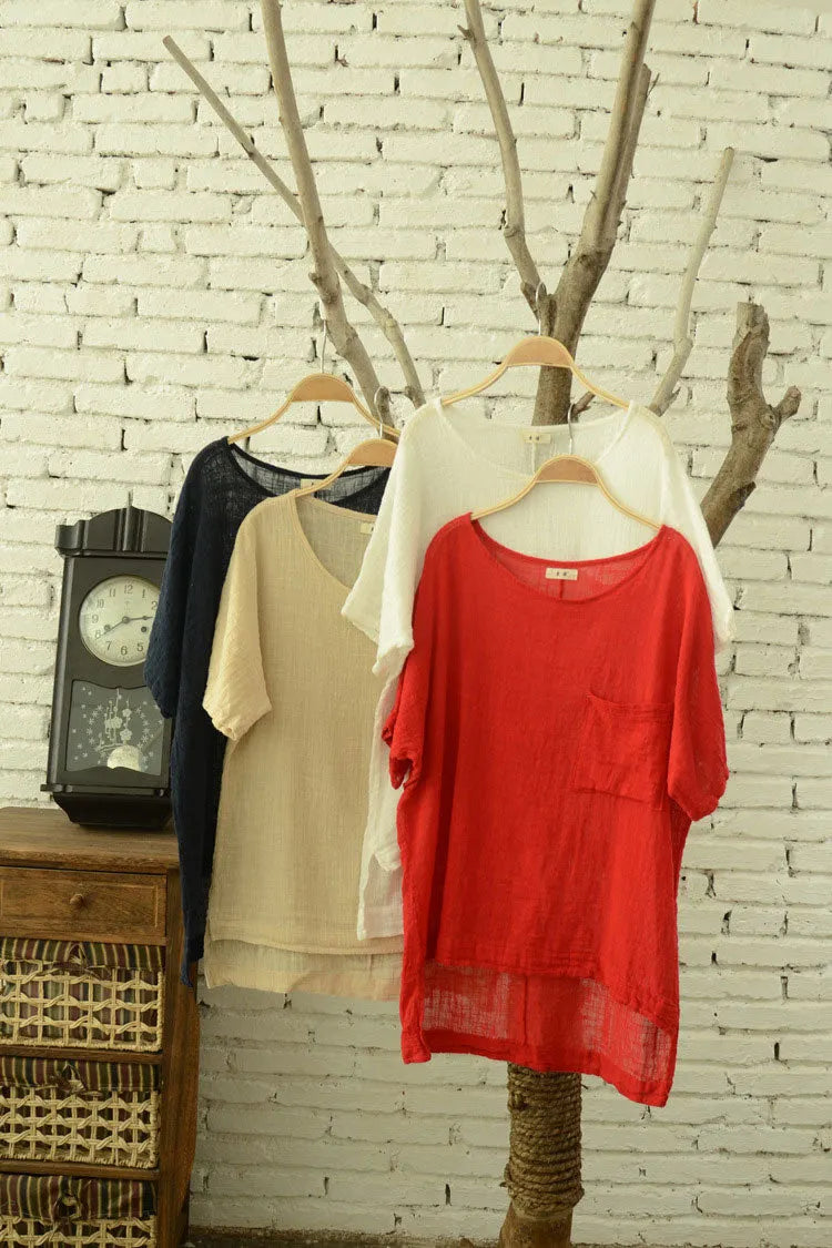 Linen Tunic Top - Round Neck Half Sleeve Longline 