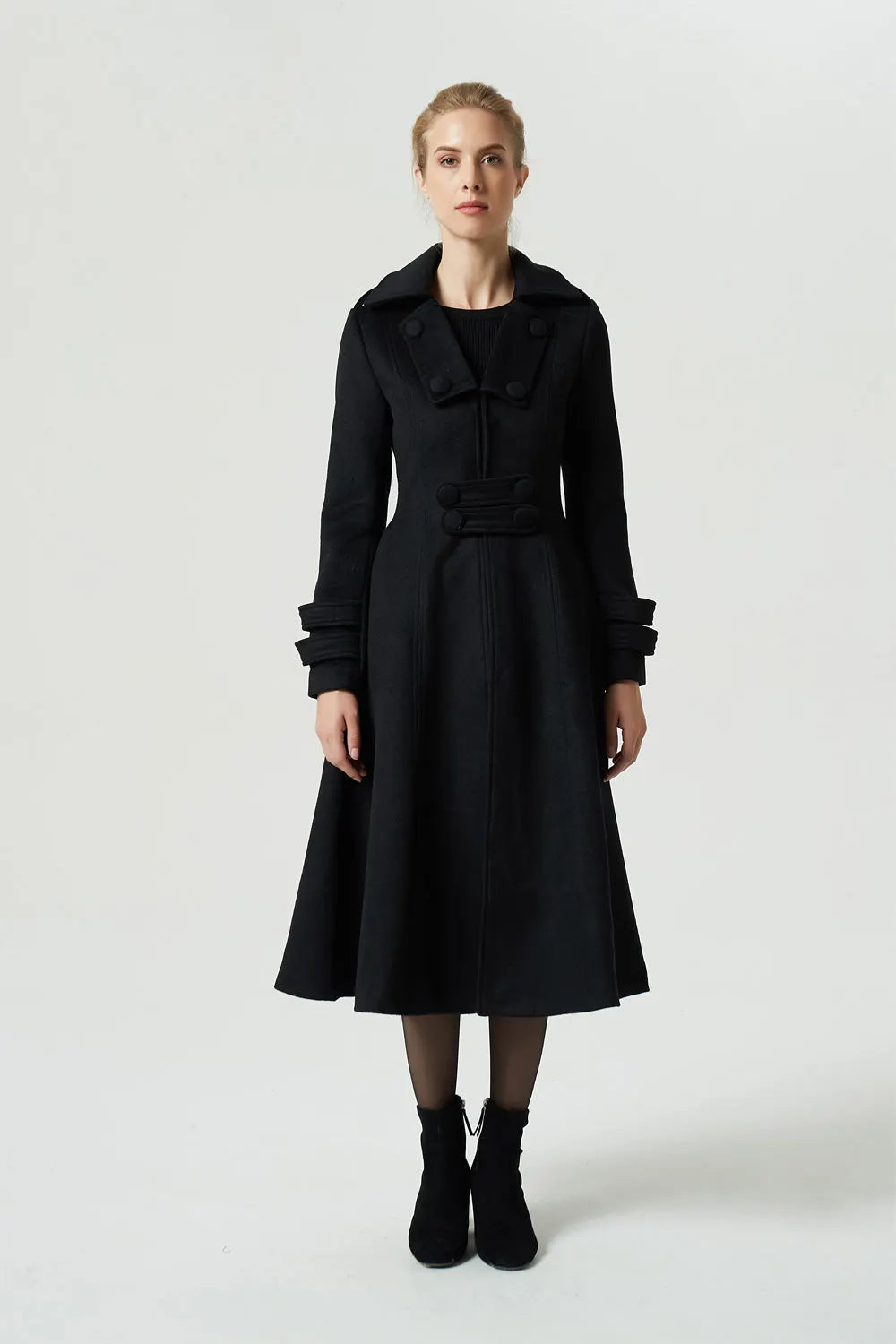 Black Wool Coat - Fit and Flare Midi Winter Overcoat 1982