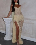 Sheer Sparkle Sequin Lace Dress with Off-Shoulder Sweetheart Neckline & Illusion Gloves