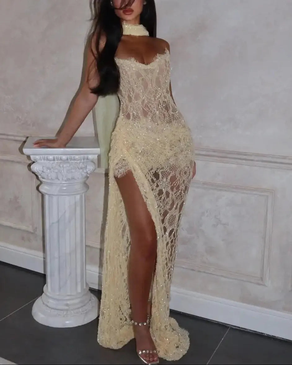 Sheer Sparkle Sequin Lace Dress with Off-Shoulder Sweetheart Neckline & Illusion Gloves