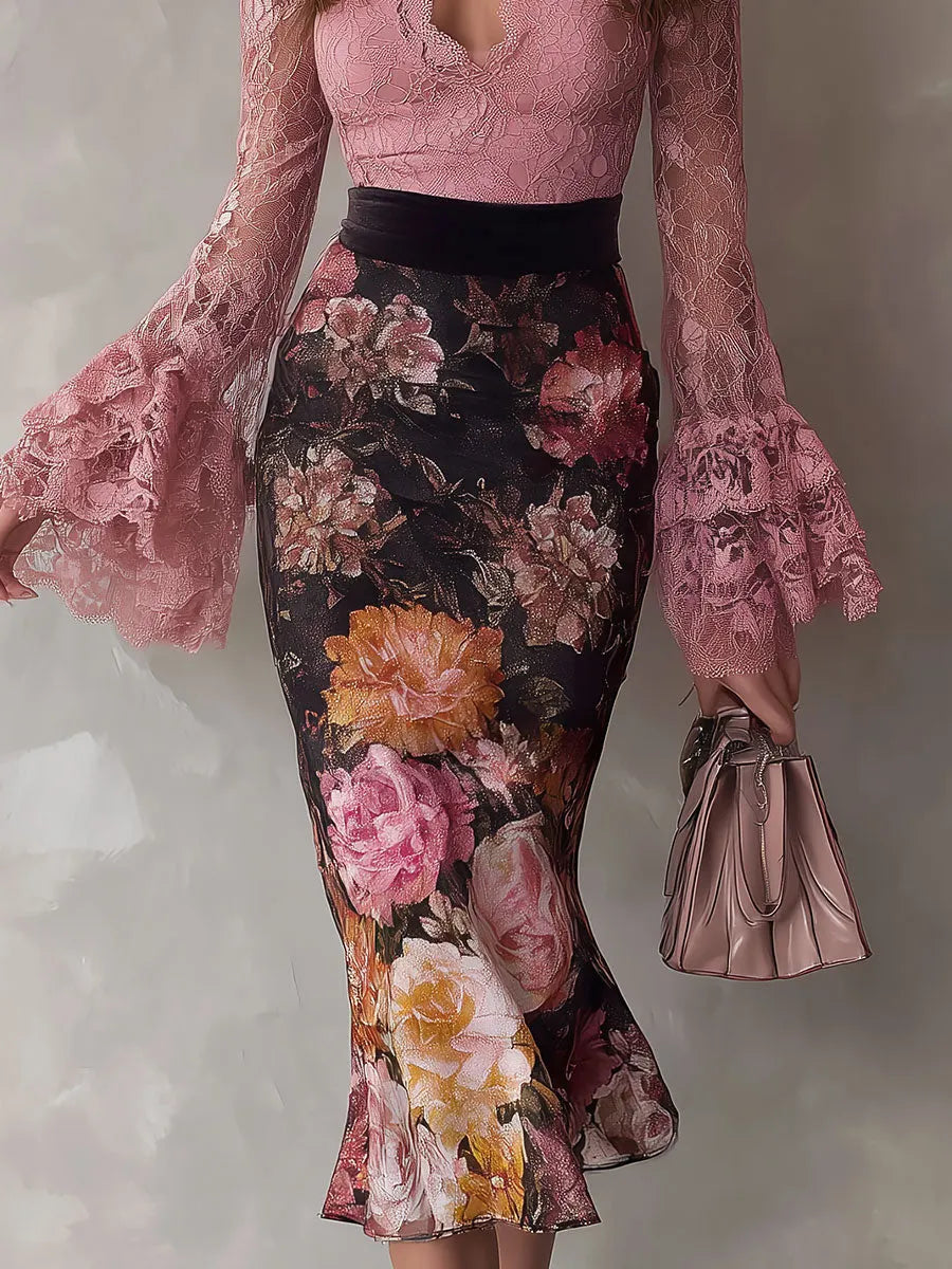Elegant Lace Top With Flared Sleeves & Vintage Oil Painting Print Velvet Midi Skirt Set