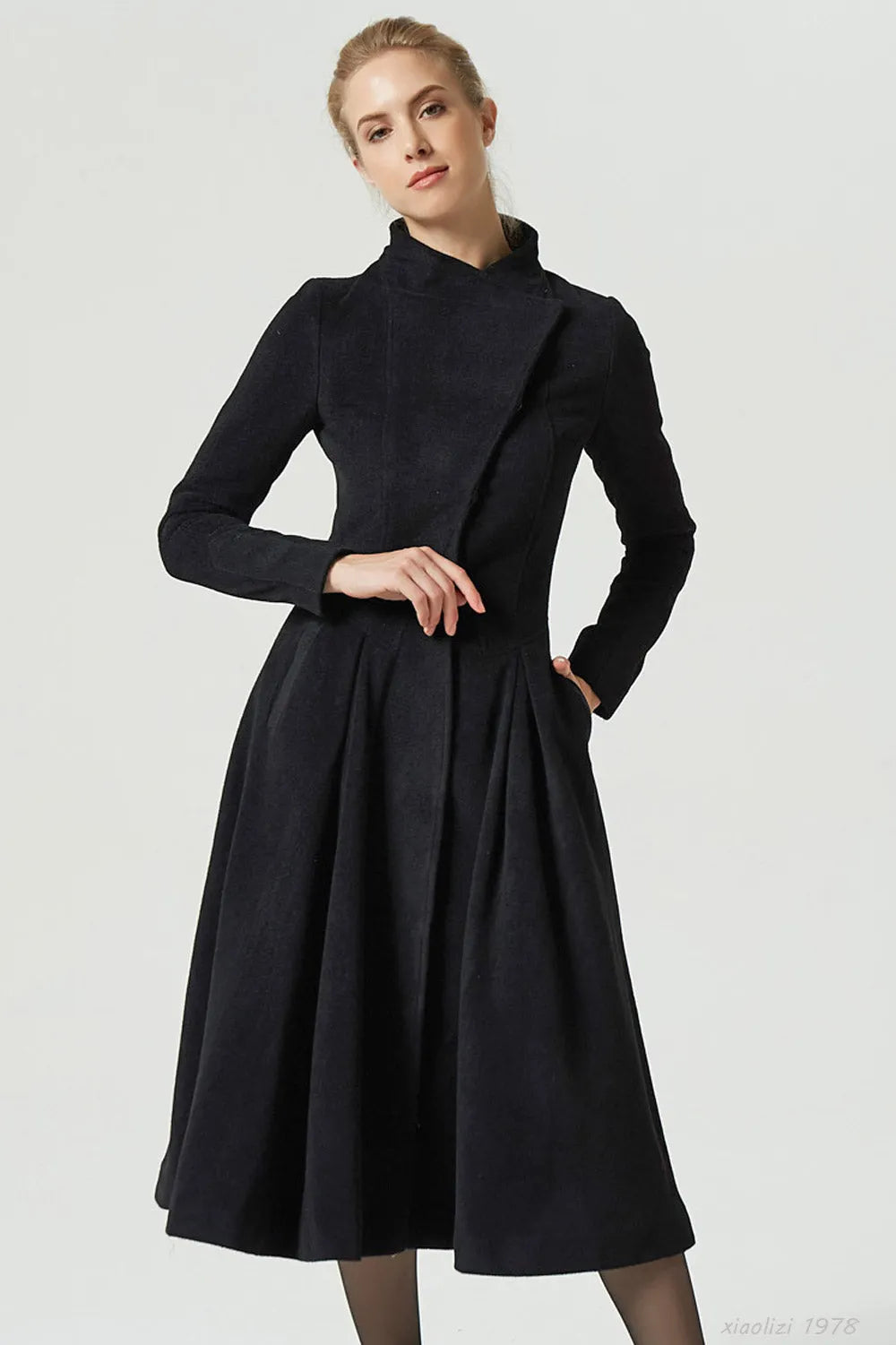 Vintage Wool Coat for Women – Handmade Black Stand Collar Fit and Flare Winter Coat 