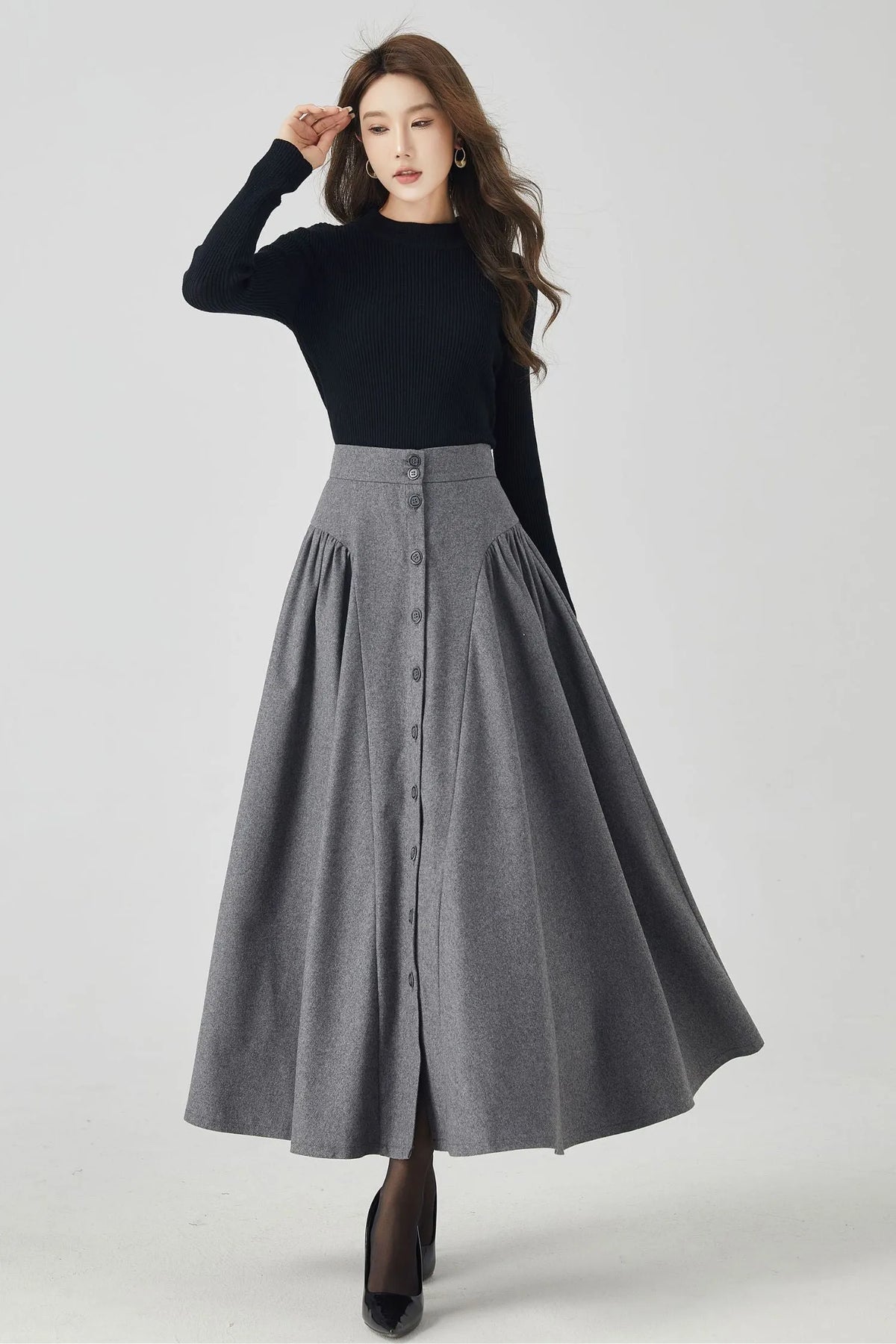 Gray Wool Maxi Skirt - Button-Down, Flowy Silhouette 4526