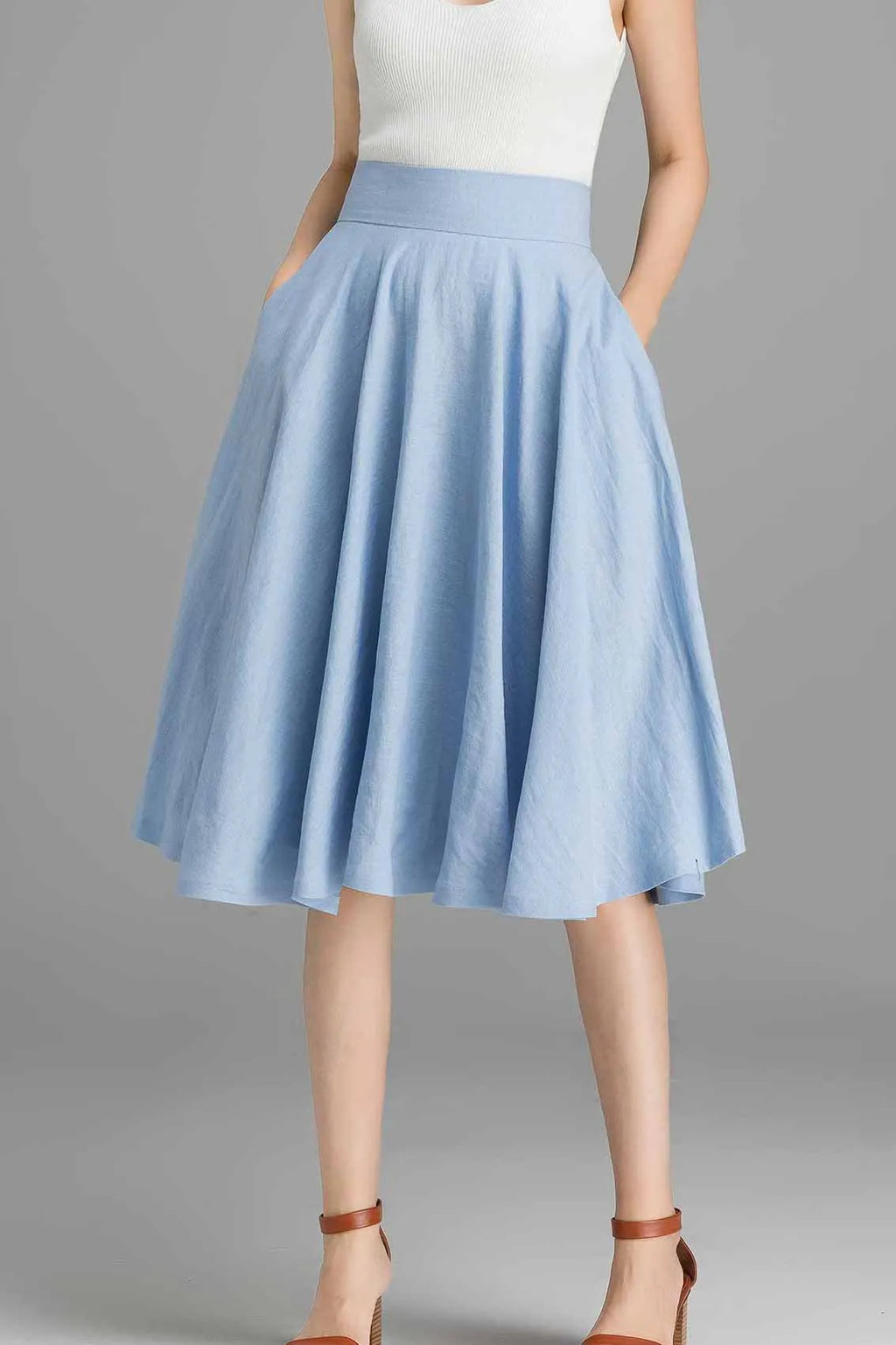 High Waist A-Line Skirt – Light Blue Linen Cotton Circle Skirt with Pockets 2367