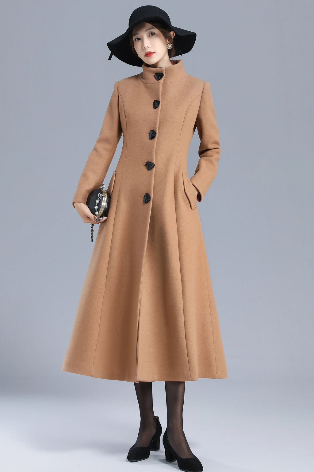 Camel Wool Blend Long Coat - Single Breasted, Stand Collar 3201