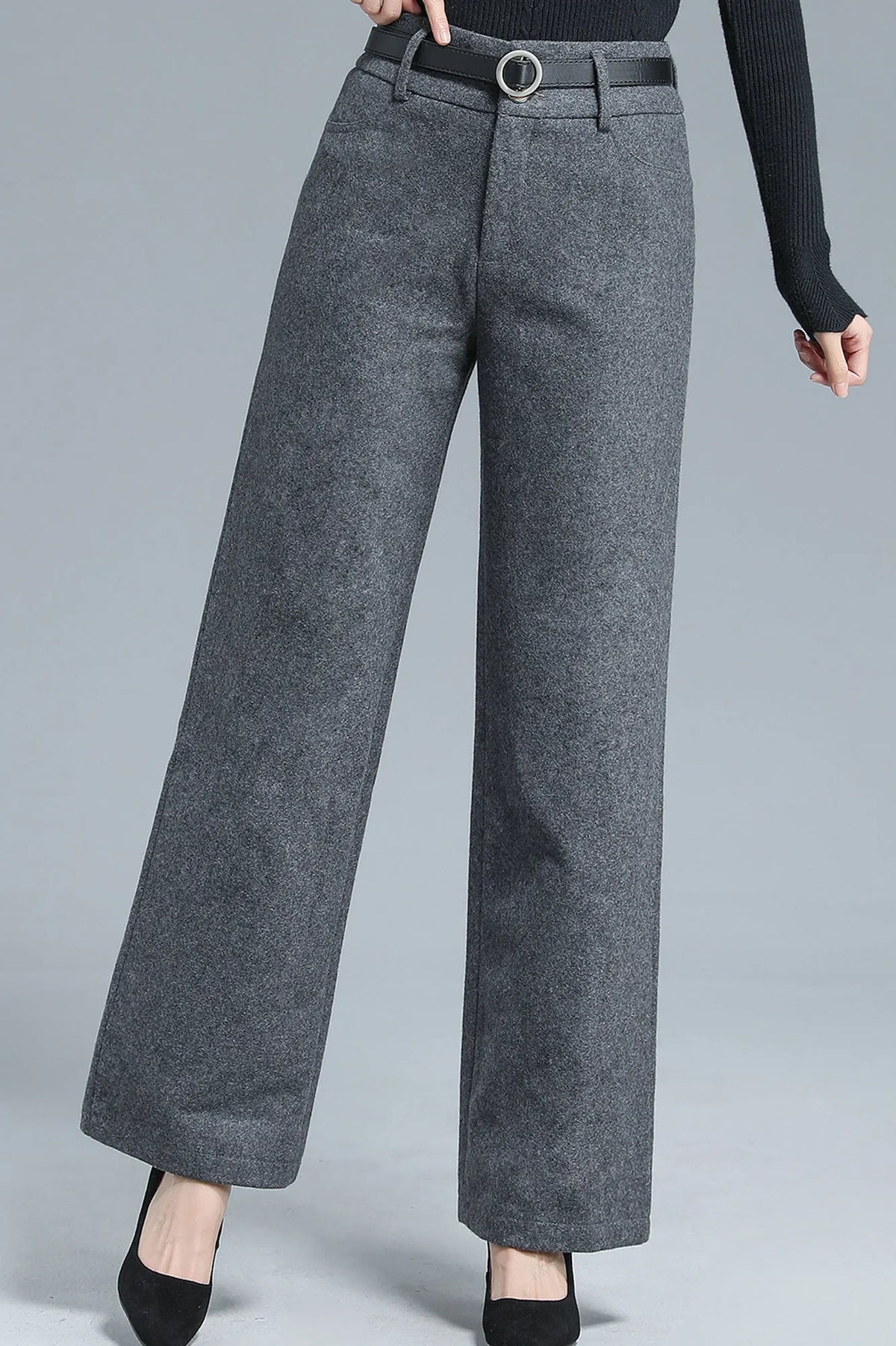 Gray Wool Blend Wide Leg Pants – Vintage High Waist Winter Trousers 3136