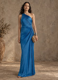 Blue Pleated One Shoulder Maxi Dress
