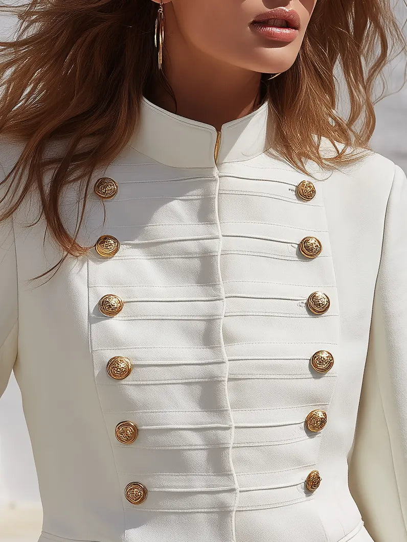 Retro Military Style Multi-row Strap Placket Stand Collar Jacket