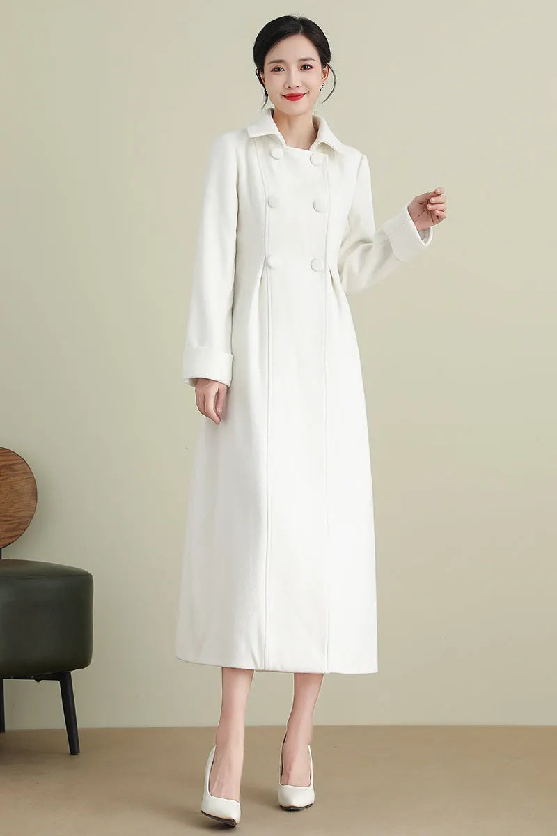 Xiaolizi White Long Wool Coat for Women – Handmade Double Breasted Winter Wedding Coat 3903