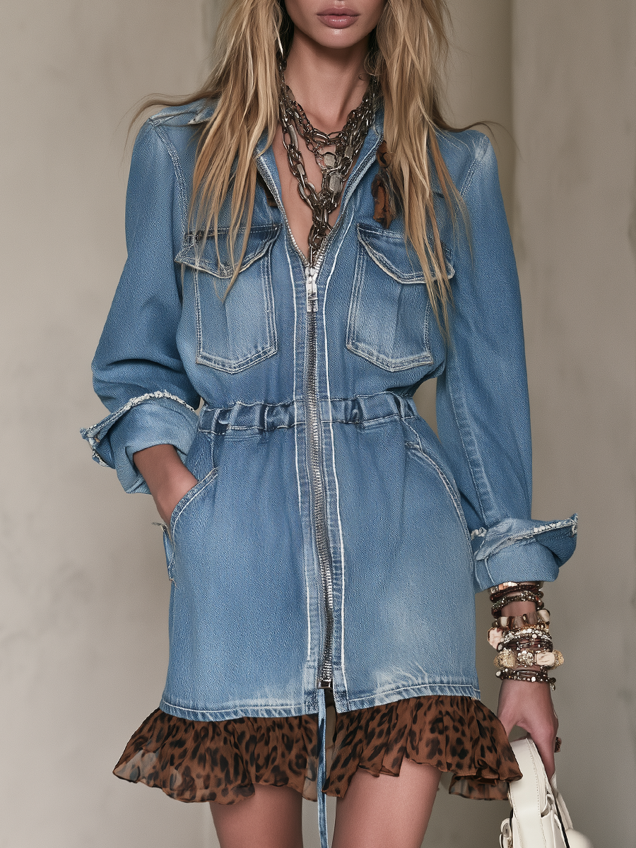 Zip-Front Denim Leopard Ruffle Hem And Pockets Denim Mini Dress