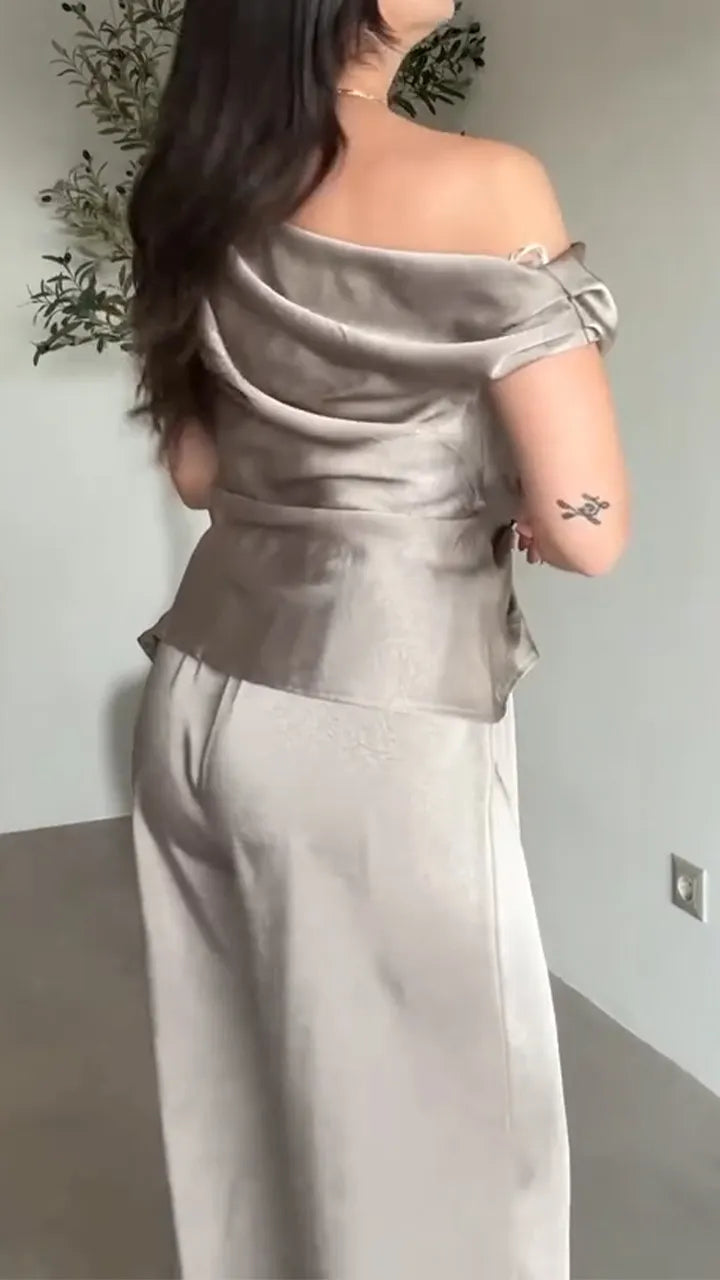 Women Diagonal Collar Pleated Top+ Pants Satin Temperament Casual Suit