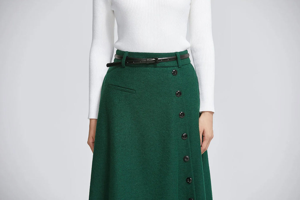 Dark Green Wool Blend Midi Skirt – Elegant Buttoned A-Line Skirt 
