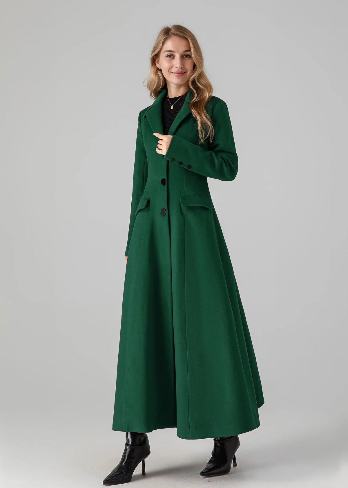 Emerald Wool Long Coat - Flared Silhouette with Classic Collar 5435