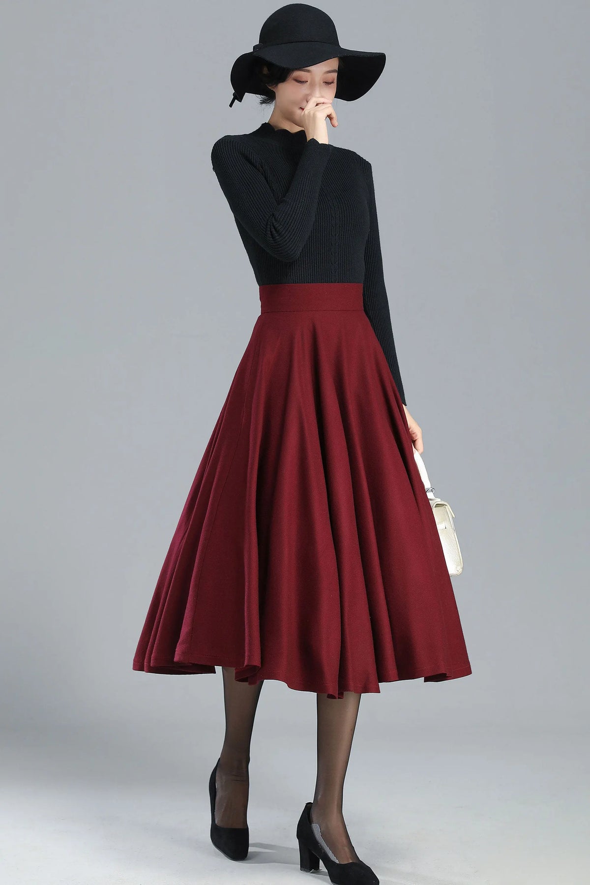 Burgundy Wool Blend Midi Skirt - High-Waisted Full Circle 