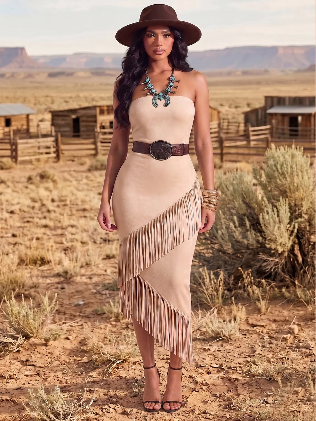 Western-Style Dress — Sand-Colored Strapless Faux Suede Tassel Midi Dress
