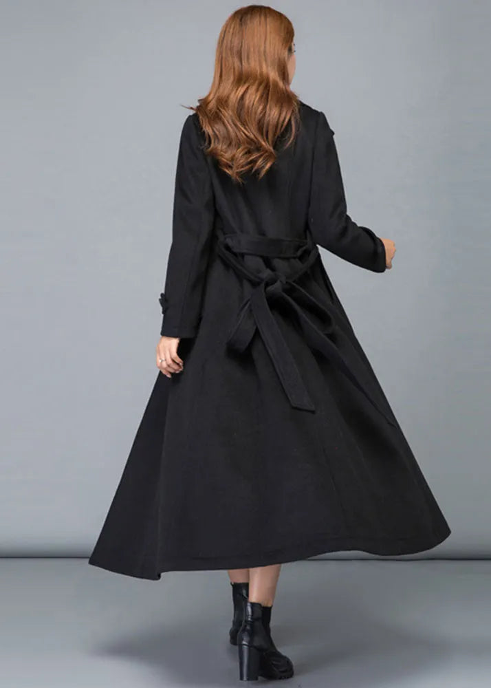 Black Wool Maxi Coat - Stand Collar Fit and Flare Silhouette 2478