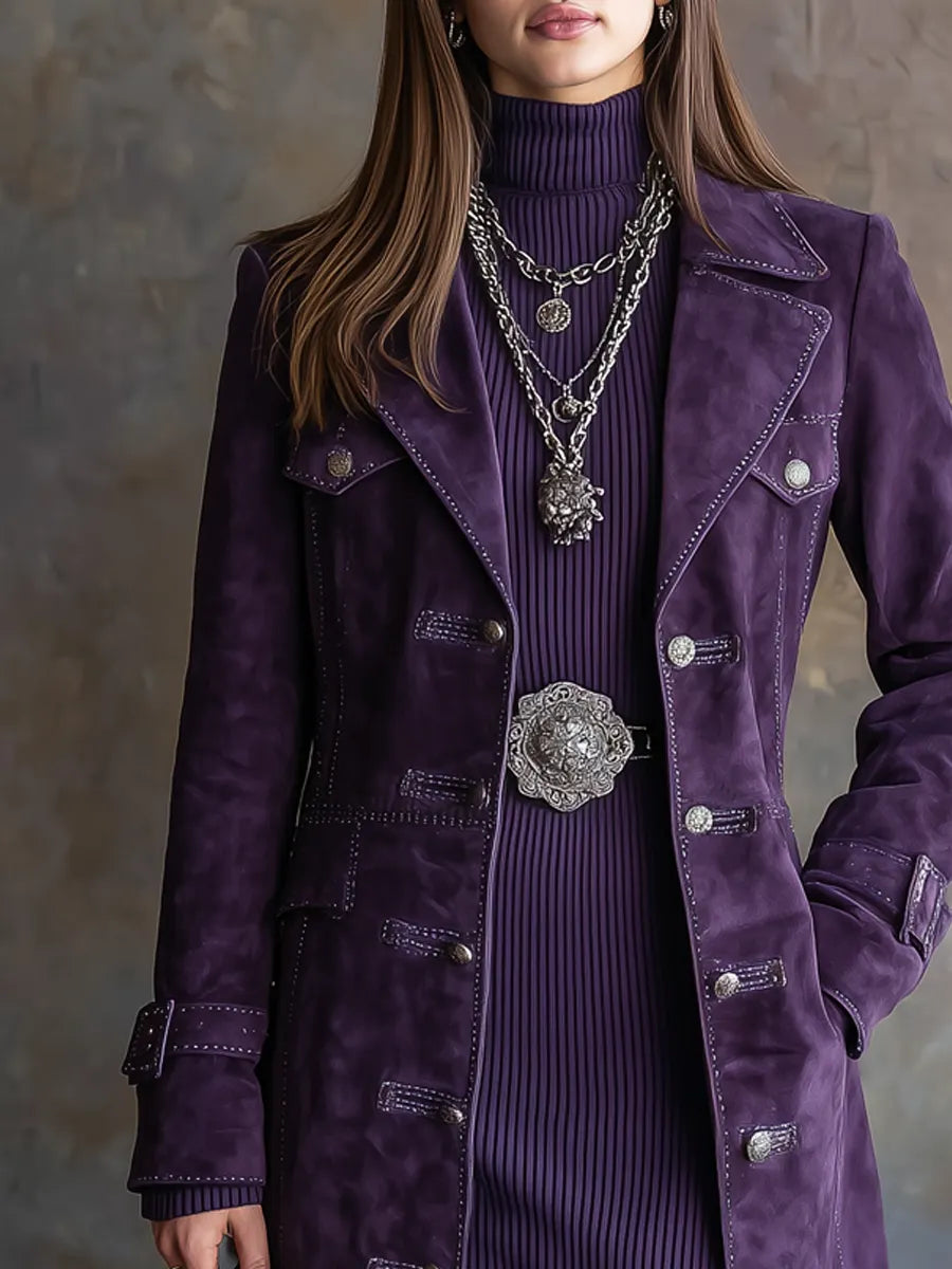 Vintage Flap Pockets Contrast Stitching Polyester Suede Coat