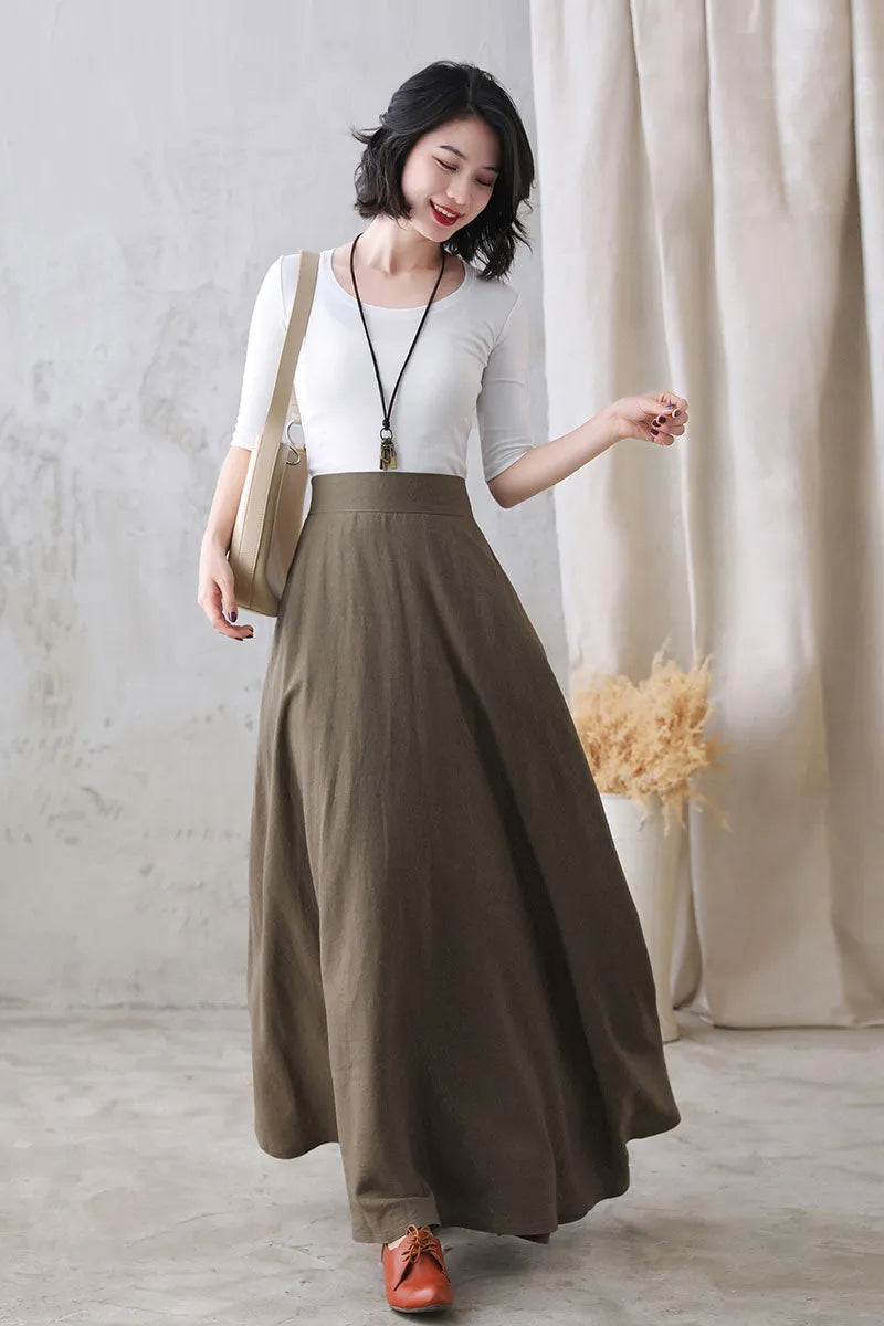 Khaki Linen Maxi Skirt - High Waist A-Line Hidden Zipper 